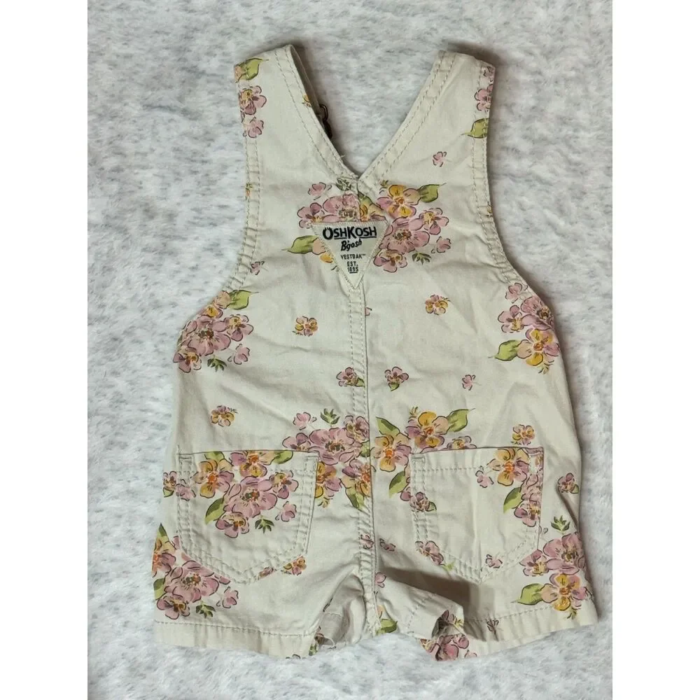 OshKosh B'gosh Floral Shortall Overalls 3M Ivory Pink Baby Girl Romper Vintage